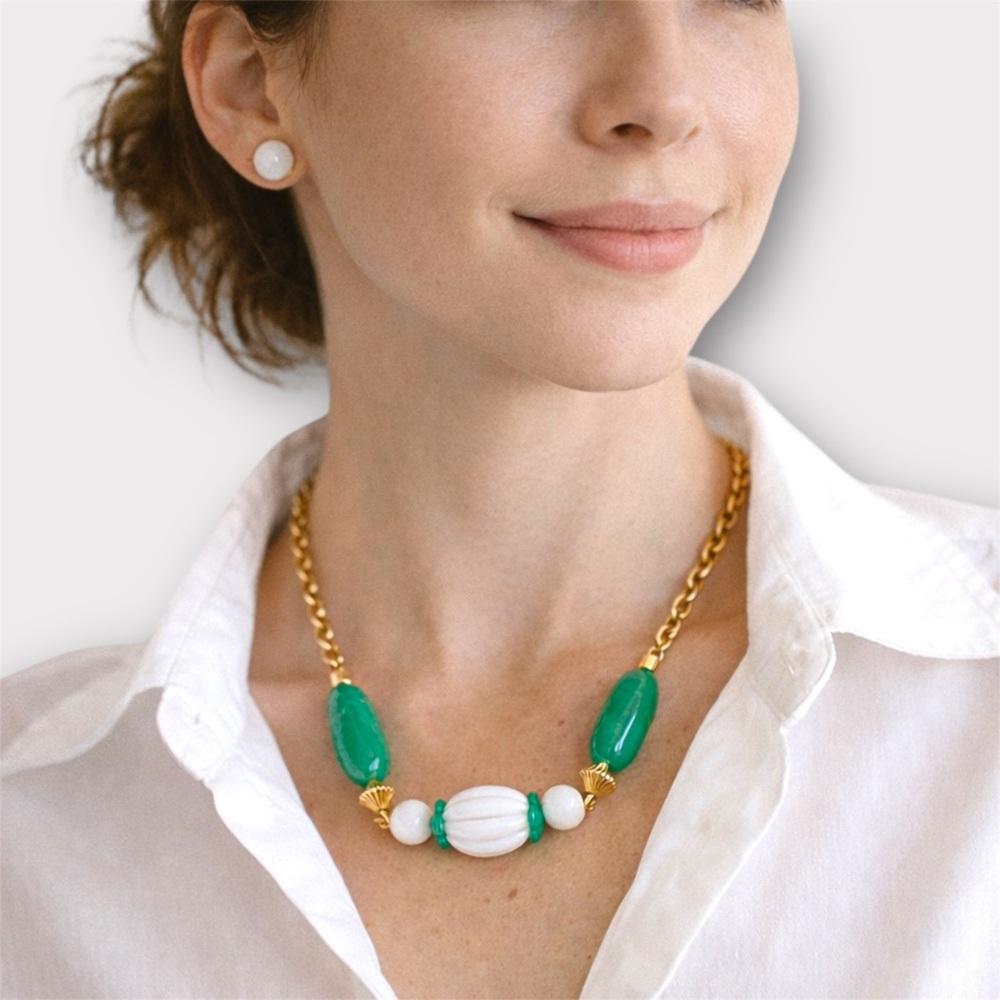 Vintage Avon Convertible Pierced Earrings & Green Beaded Necklace Set